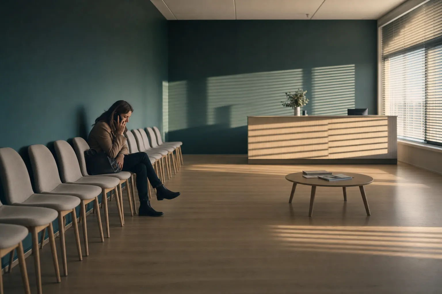 A woman in a beige coat sits alone on one of many empty chairs in a waiting room, a mobile phone to her ear and her bag in her lap, while late afternoon sun through venetian blinds lays bars of light across the floor and the unattended reception counter behind her