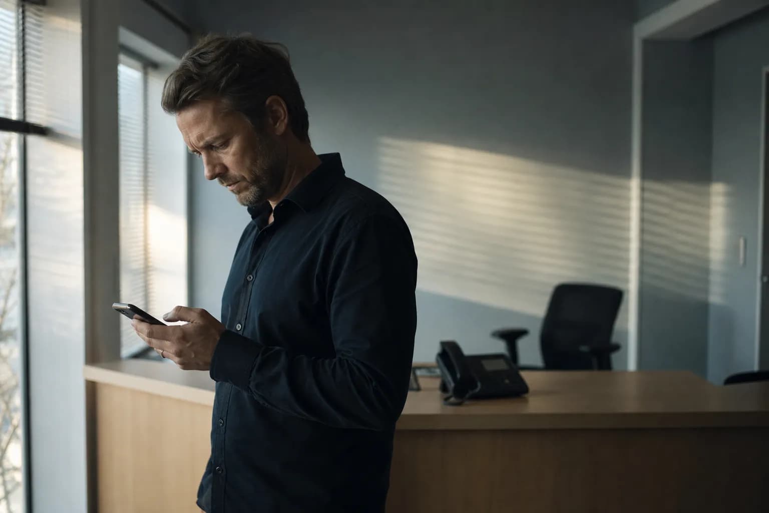 A man in a dark shirt stands in an empty office reception keying a code into his mobile phone, while a desk phone sits unattended on the counter behind him