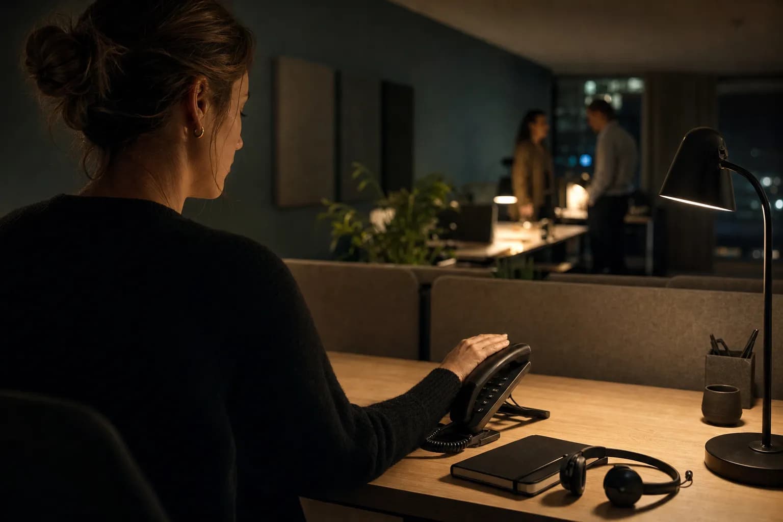 Seen from behind, a woman in a dark jumper sits at her desk in an open-plan office after hours, one hand resting on a desk phone she has just hung up, an unworn headset beside her and two colleagues talking out of focus further back in the room