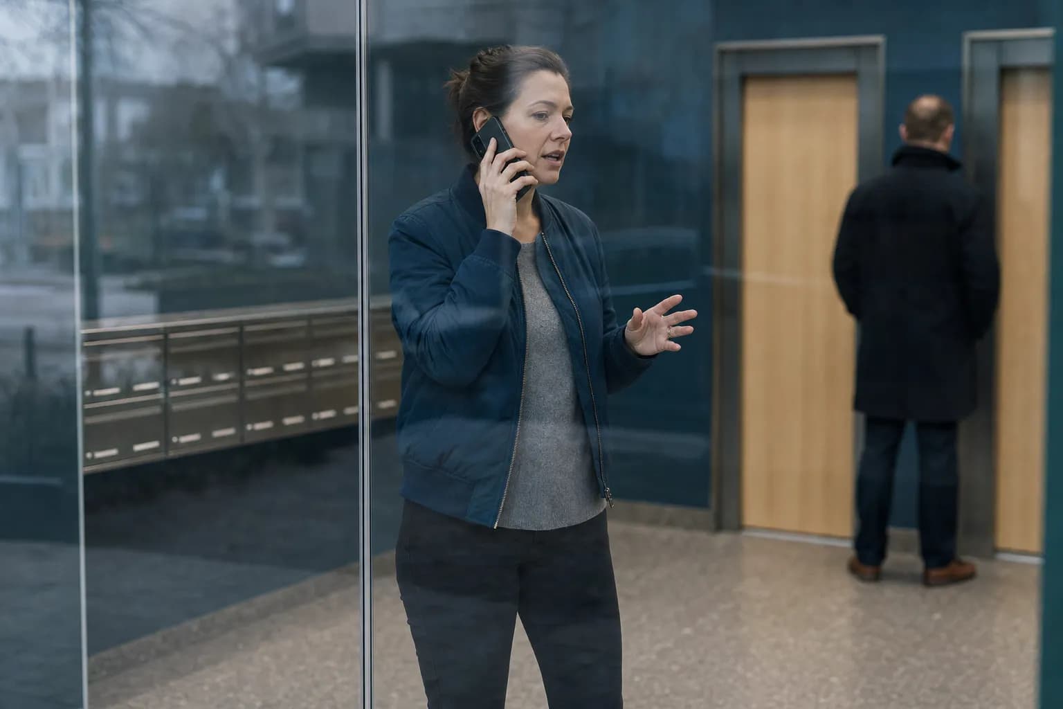 A woman in a dark padded jacket stands in an apartment building's lift lobby with a mobile phone to her ear and her free hand raised as she repeats herself, seen through the glass wall from the entrance, while a man in a dark coat waits out of focus by the lift doors behind her
