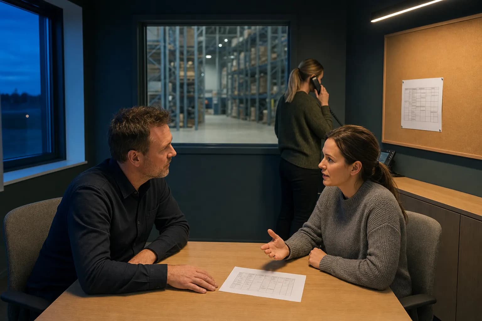 Two colleagues sit at a desk in a small back-of-house warehouse office at blue hour, talking over a printed sheet, while a third woman stands blurred behind them with a telephone handset to her ear in front of the window onto the racking