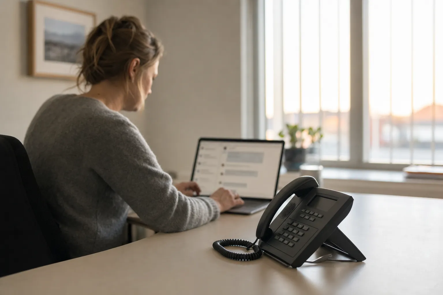 A woman sits at a desk in a small office in afternoon light, typing on a laptop with a blurred chat window on the screen, while a black desk telephone with a coiled cord stands in sharp focus in the foreground on the same desk