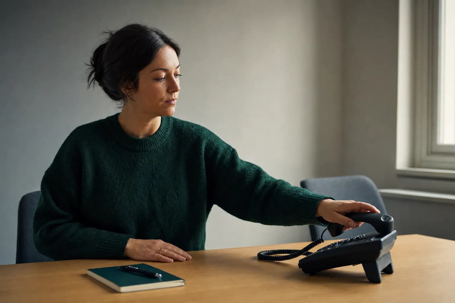 Kvinne i mørkegrønn strikkegenser sitter ved et bord i et lite, tomt møterom og løfter røret på en svart bordtelefon, mens den andre hånden hviler flatt på bordplaten ved siden av en lukket notatbok med penn