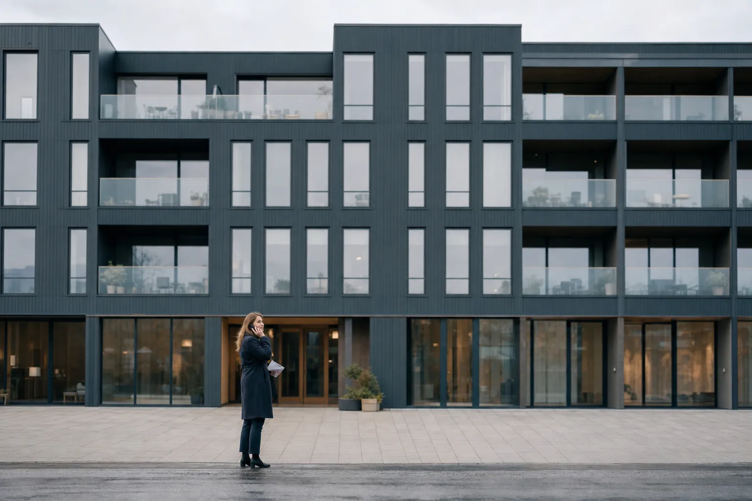 Kvinde i mørk frakke står alene på fortovet uden for indgangen til en moderne boligblok med mobilen mod øret og en foldet papirbrochure i den anden hånd, i fladt overskyet dagslys