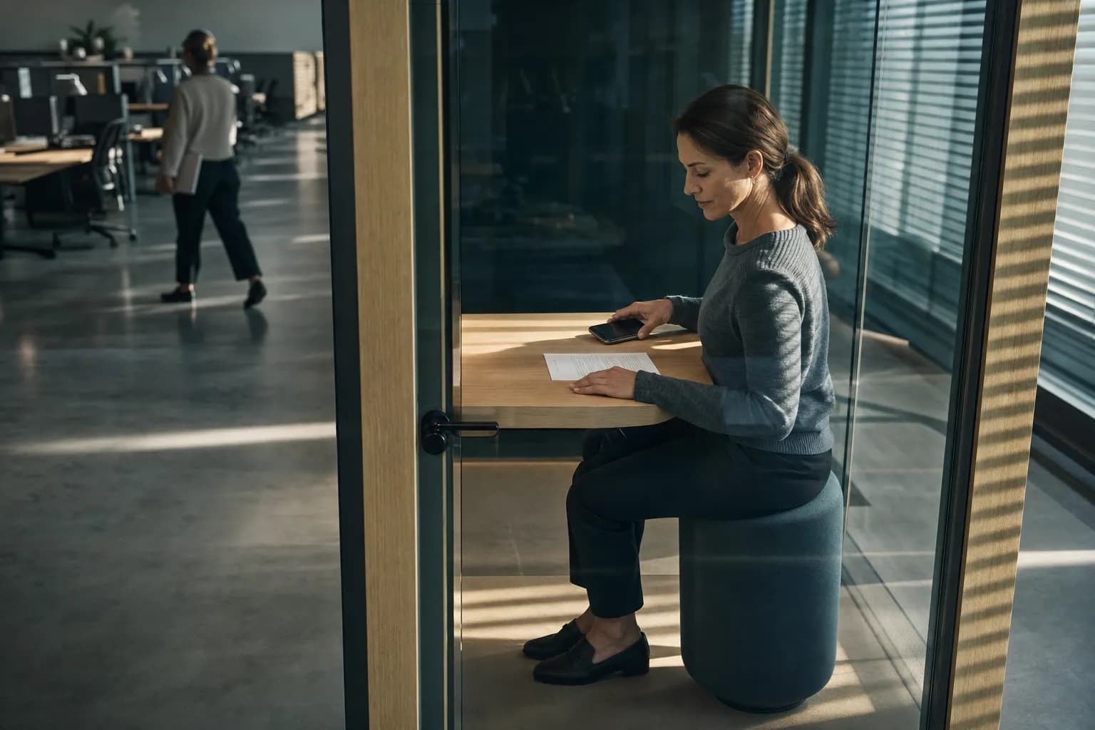 A woman in her forties sits on a low stool in a glass-walled phone booth, having just set her mobile down on the shelf with her other hand resting on a printed sheet, seen through the open glass door as afternoon light through venetian blinds lays bands across the floor