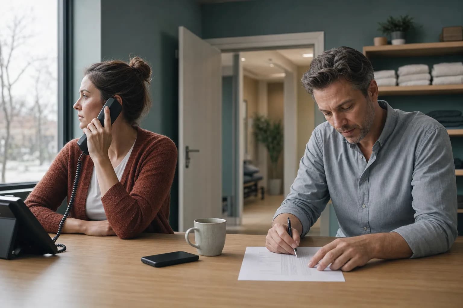 Two colleagues sit on either side of a pale wooden desk in a back office at a clinic; the woman on the left holds the handset of a black desk phone to her ear, listening, while the man on the right leans over a printed form with a pen in his hand and a mobile lies face down on the desk between them