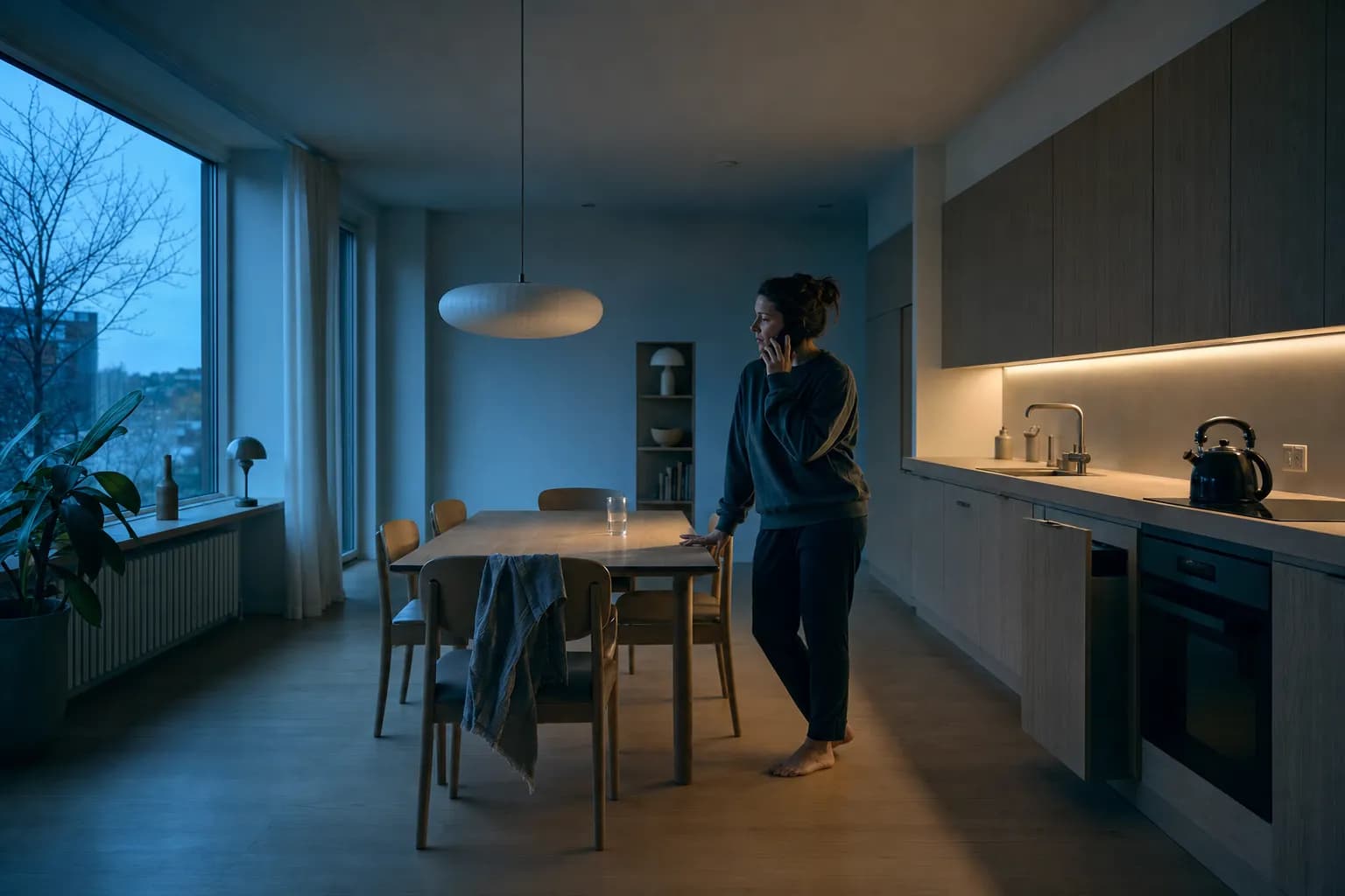 A woman in a dark sweatshirt stands alone at the end of a kitchen table in an apartment at blue hour before sunrise, a mobile phone held to her right ear and her other hand flat on the table top, cold light falling in from the window on the left and a warm strip of under-cabinet lighting along the counter on the right