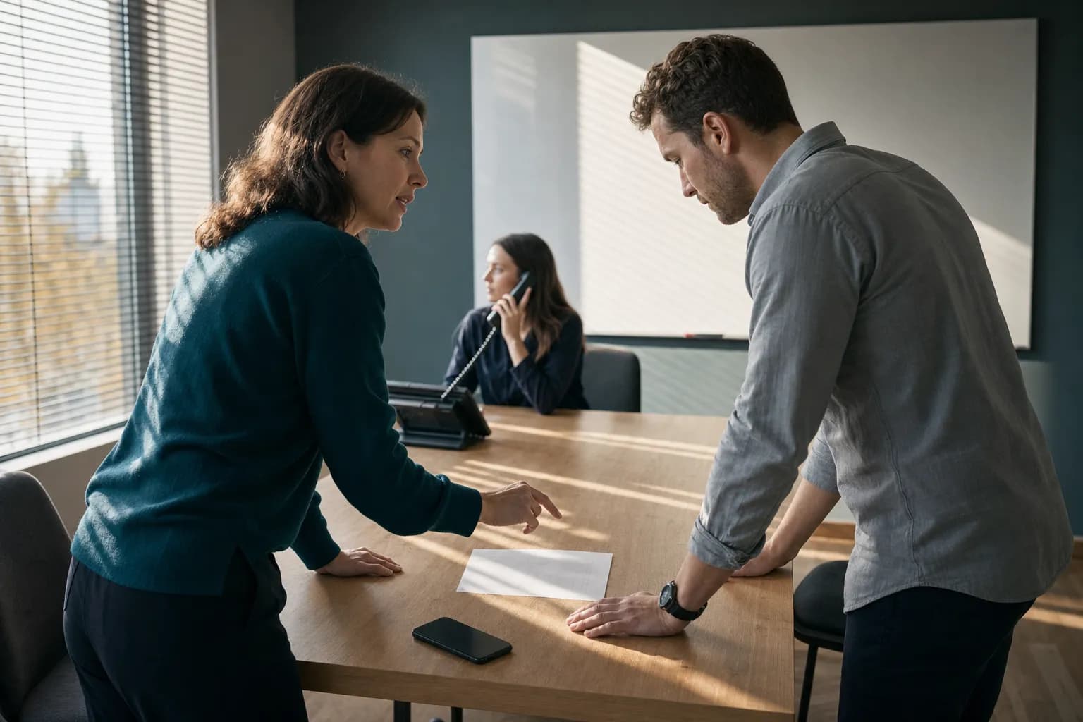 Two colleagues lean over a pale wooden table in a small meeting room, talking over a blank sheet of paper, while a third colleague sits further back alone with a desk-phone handset to her right ear and hard afternoon light through venetian blinds stripes the table and a freshly wiped whiteboard behind them