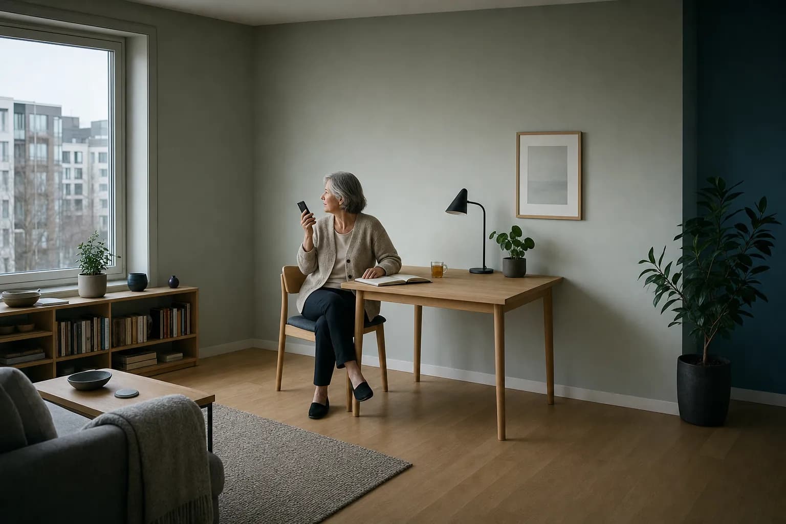 A woman in her sixties in a light cardigan sits alone at a small oak desk in the corner of a living room, half turned towards the window, holding a mobile phone away from her ear while her other hand rests beside an open notebook; flat daylight from the window on the left and a low bookshelf along the wall behind