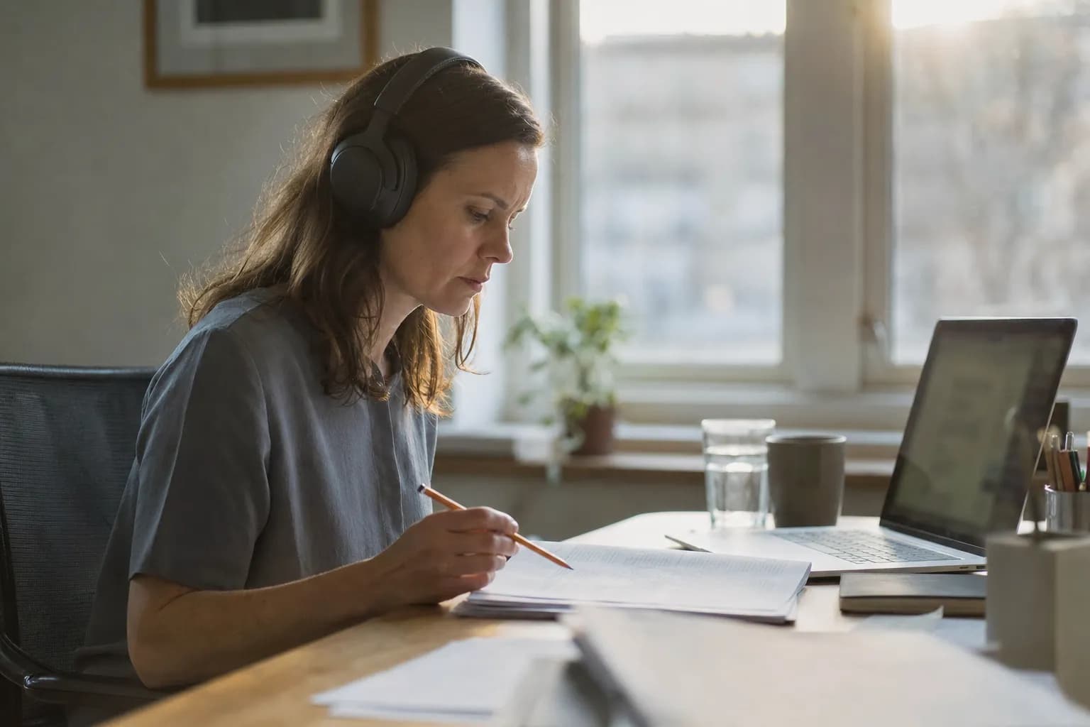 A woman in a grey shirt sits at a desk in afternoon light wearing large over-ear headphones, bent over a stack of printed pages she is marking with a pencil, an open laptop beside her