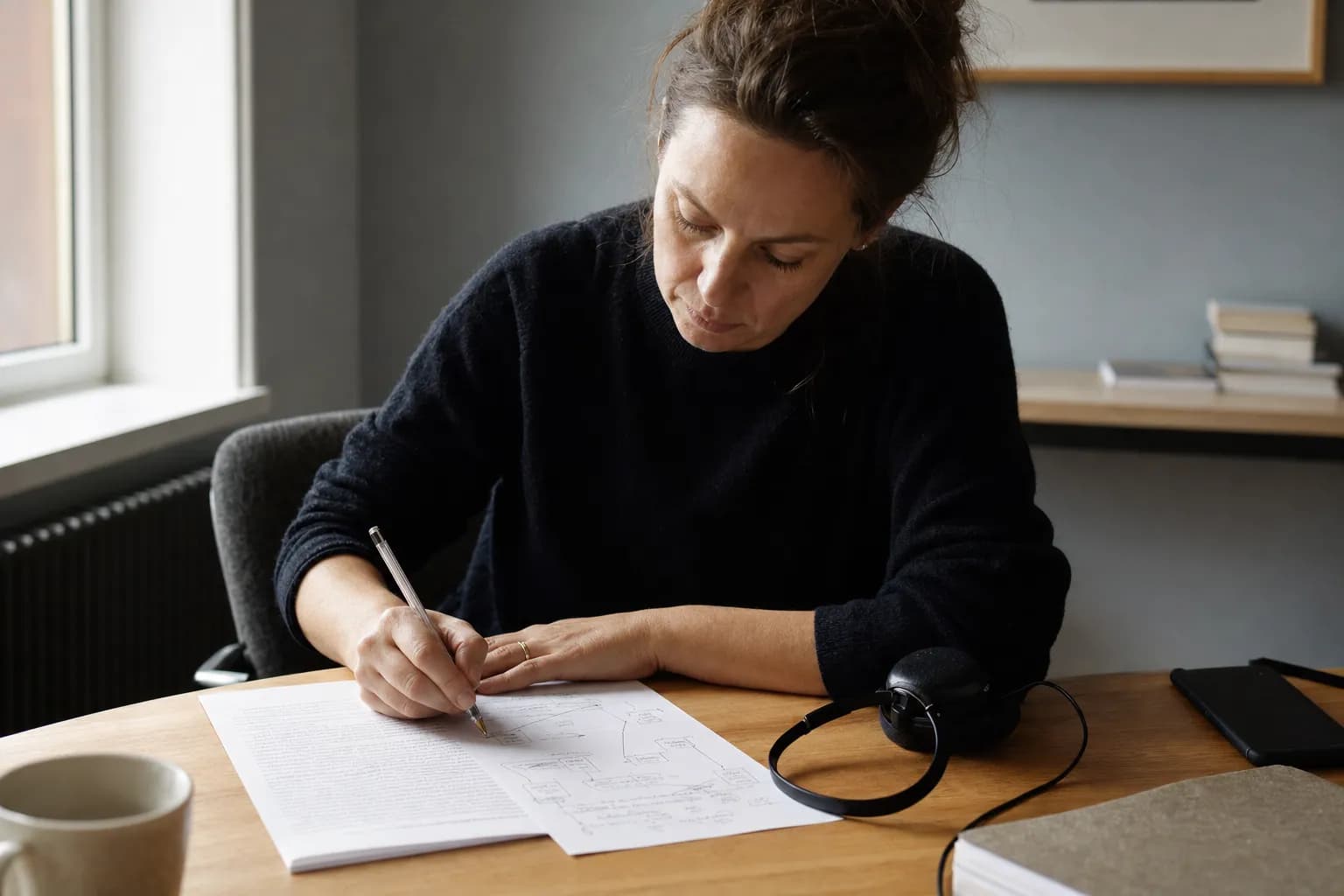 Kvinde i slutningen af trediverne sidder ved et træbord på et roligt kontor og retter i en printet manuskriptside med kuglepen, med pile og kasser tegnet i margenen, mens et headset og en mobil med skærmen nedad ligger ved siden af