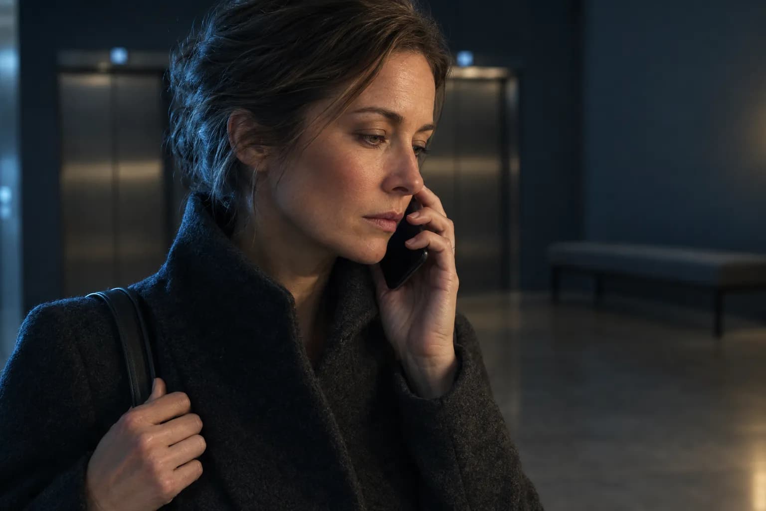 A woman in her forties in a dark wool coat with the collar turned up stands alone in a lift lobby after hours, seen close up in three-quarter view with her face turned away from the camera, a mobile phone at her ear and her other hand gripping a bag strap, two lift doors and a low bench in darkness behind her