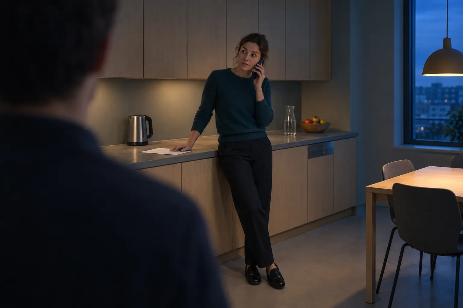 A woman in her thirties in a dark teal jumper leans against the counter in an office staff kitchen at blue hour, a mobile phone to her left ear and her gaze lifted to the right, her right hand resting on a blank sheet of paper on the worktop, a colleague out of focus and turned away in the foreground
