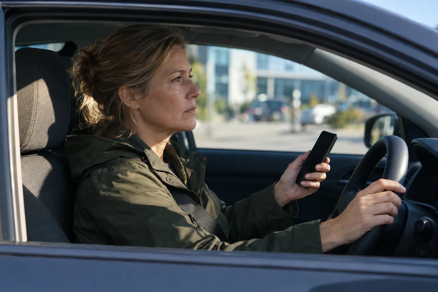 A woman in her fifties in an olive rain jacket sits alone in the driver's seat of a parked car, seen from outside through the open side window, the phone just lowered in her left hand and her right hand resting on the steering wheel, in hard afternoon light