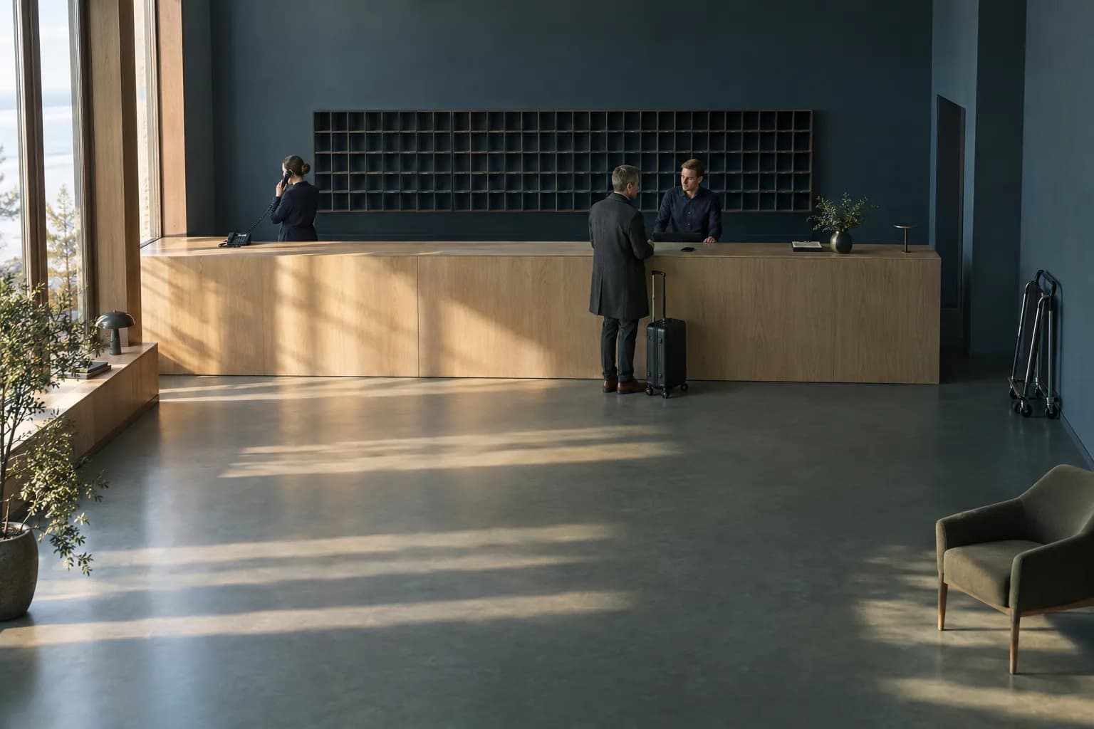 Bredt overblik over et hotelreceptionsområde i lavt morgenlys, hvor en gæst i mørk frakke med kuffert står ved en lang egetræsdisk og taler med en receptionist i mørkeblå skjorte, mens en anden medarbejder længere tilbage til venstre står med et sort telefonrør mod øret