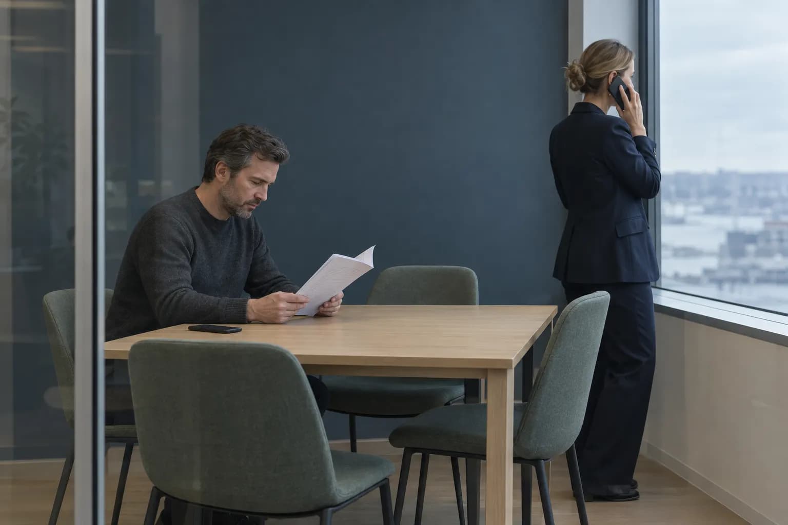 Set gennem en glasvæg ind i et lille mødelokale: en mand i mørk striktrøje sidder ved et lyst egetræsbord og læser et tykt, hæftet dokument med mobilen liggende ved albuen, mens en kvinde i mørkeblå blazer står ved vinduet med mobilen mod øret.