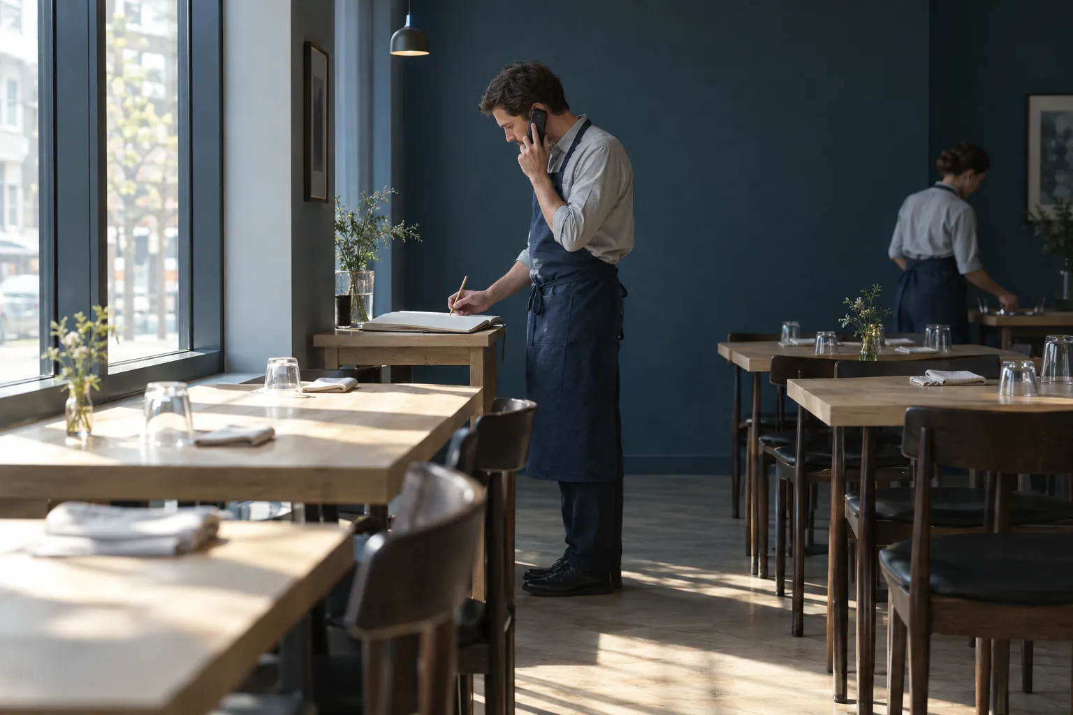 En mand i et mørkeblåt forklæde står i en tom bistro i formiddagssol med en sort trådløs telefon ved højre øre og en blyant over en åben reservationsbog, mens en kvinde dækker et bord uskarpt i baggrunden