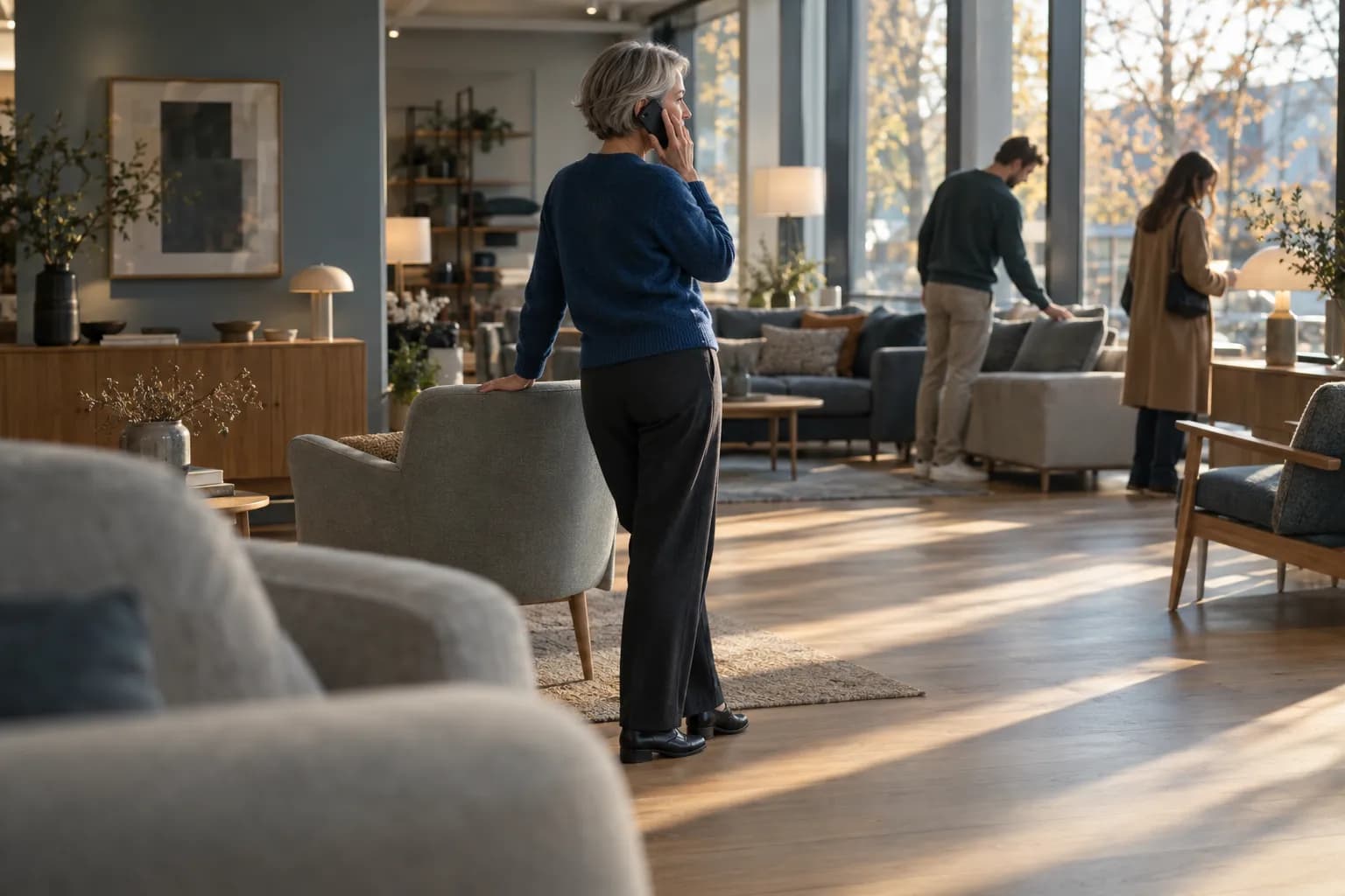 Gråhårig kvinna i mörkblå stickad tröja står i en ljus möbelbutik i låg eftermiddagssol med mobilen mot örat och andra handen på ryggen av en grå fåtölj, medan ett par tittar på soffor vid fönstren bakom henne