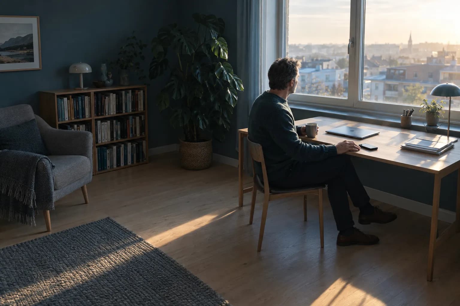 Mann i mørk blågrønn strikkegenser sitter ved et skrivebord i hjemmekontorhjørnet av en stue tidlig om morgenen og ser ut av vinduet, med en kopp i den ene hånden og den andre hånden hvilende ved en mobiltelefon på bordplaten, mens lav morgensol legger en varm stripe over gulvet.