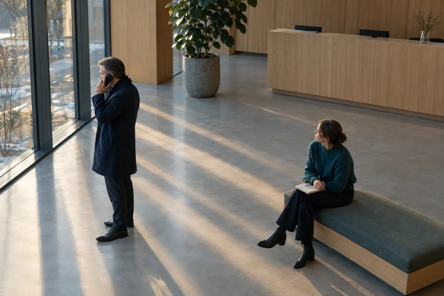 Sett ovanifrån in i en ljus kontorsreception i låg vintersol: en man i mörkblå rock står vid glasväggen med mobilen mot örat och lyssnar, medan en kvinna i blågrön stickad tröja sitter på en låg bänk med ett anteckningsblock i knät och tittar mot fönstret