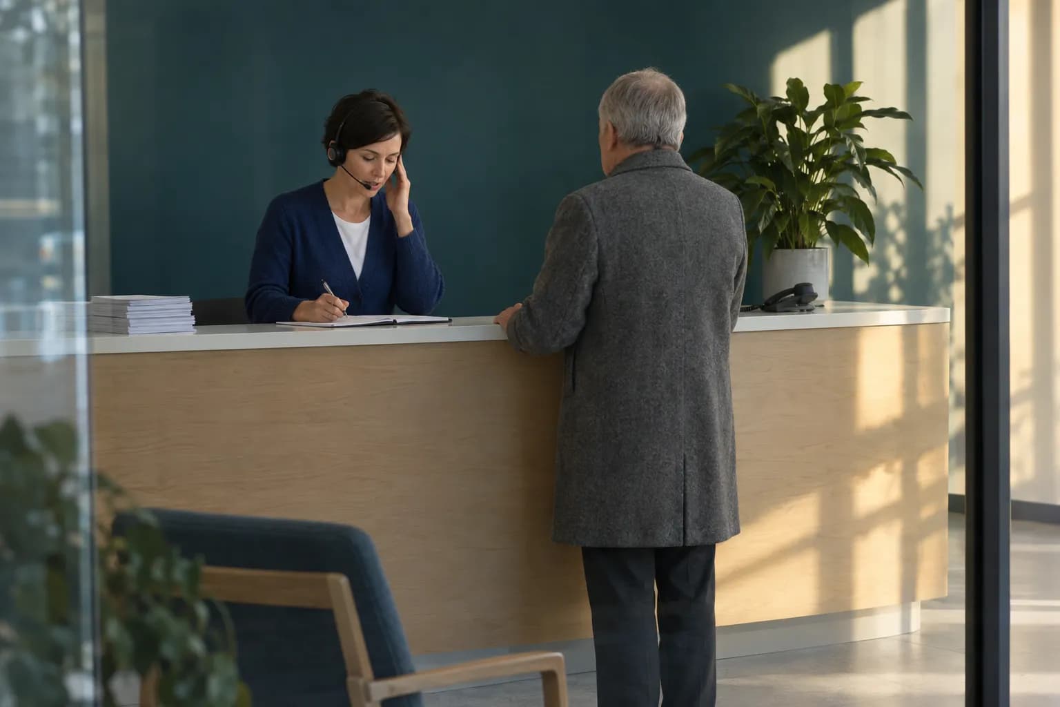 Set gennem en glasvæg: en kvinde med kort mørkt hår, mørkeblå cardigan og headset taler og skriver i en aftalebog bag en lys receptionsskranke, mens en ældre mand i grå uldfrakke venter ved skranken i lavt morgenlys fra højre.