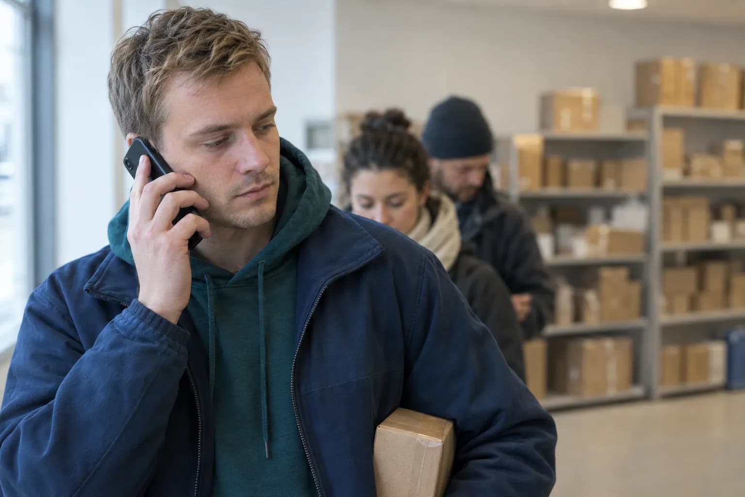 En ung mand med lyst hår i blågrøn hættetrøje og mørkeblå jakke står i kø ved en pakkeudlevering med mobilen ved højre øre og en lille papkasse under venstre arm, mens to andre venter bag ham foran reoler med pakker.