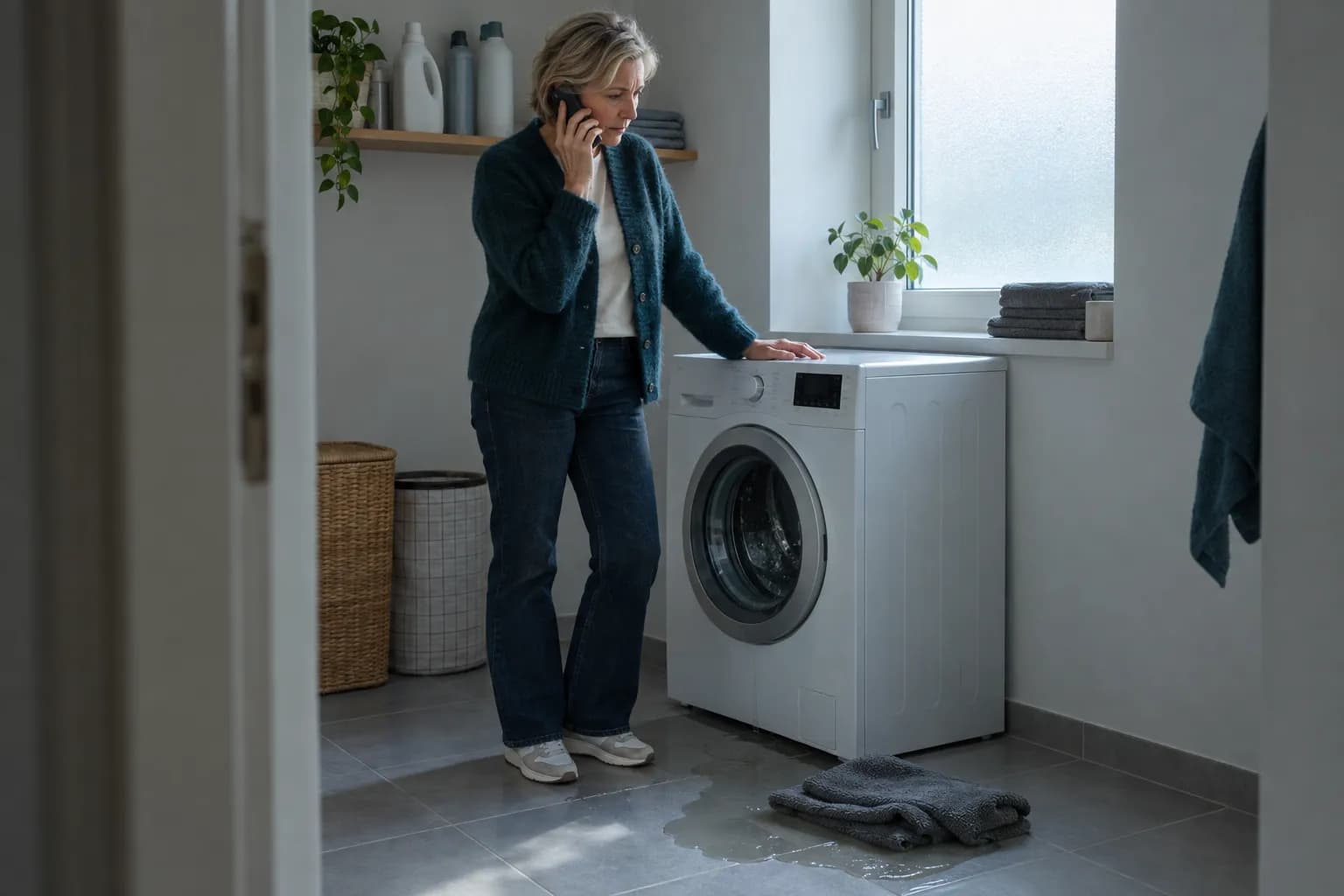 Kvinne i femtiårene i mørk blågrønn cardigan står i et lyst vaskerom med mobilen mot høyre øre og den andre hånden på en vaskemaskin, mens et grått håndkle ligger i en vannpytt på flisgulvet