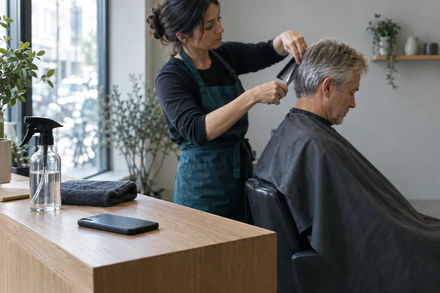 A hairdresser in a dark teal apron cuts the hair of a grey-haired man in a salon cape, while a mobile phone lies face down on a pale oak counter in the foreground next to a spray bottle and a folded towel, in cool morning light from a large window