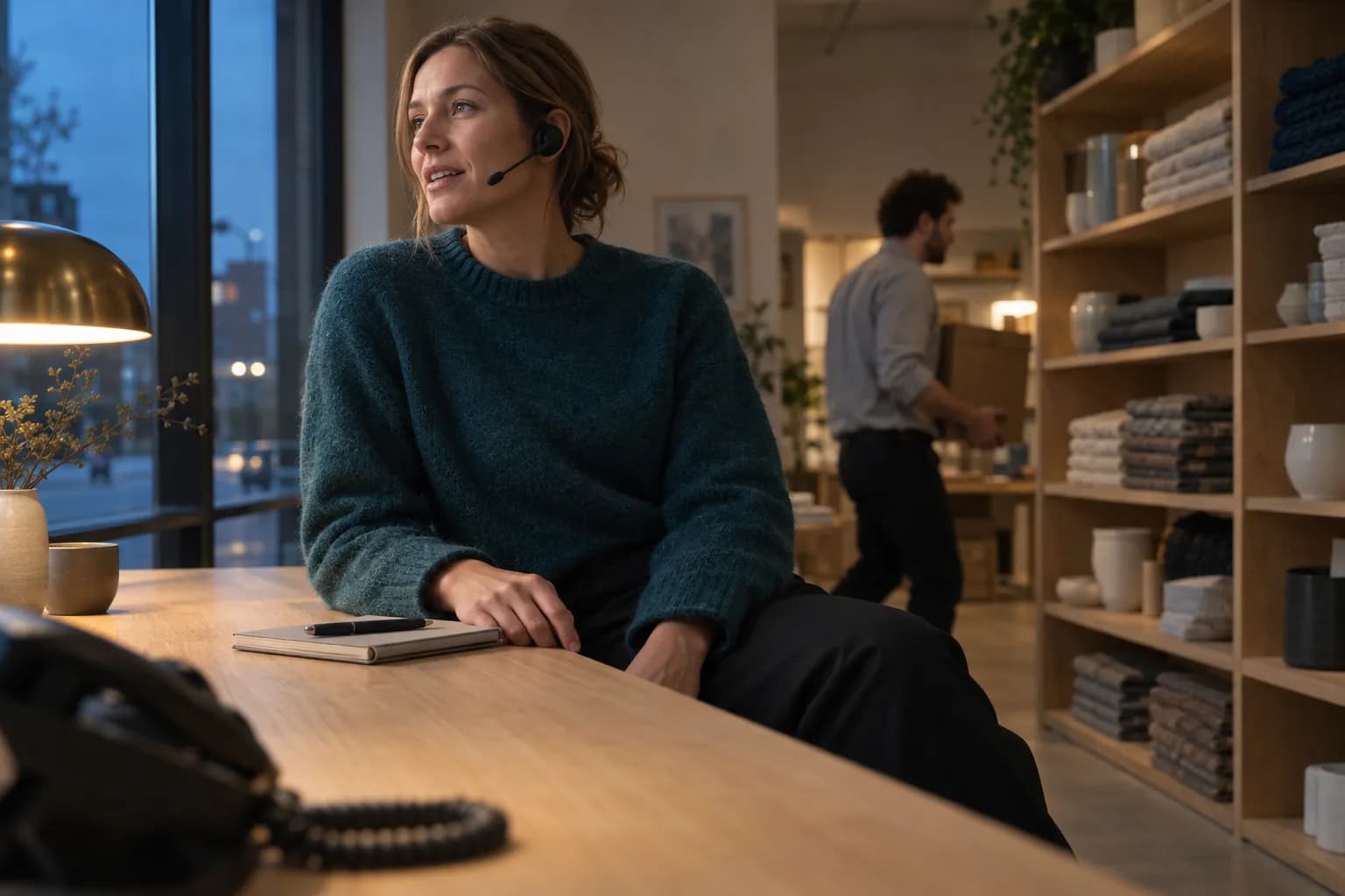 Kvinne i mørk blågrønn strikkegenser med lett hodesett sitter ved et lyst eikebord i bakrommet på en interiørbutikk i blåtimen og snakker, med en uskarp svart bordtelefon i forgrunnen og en kollega som bærer en pappeske forbi tekstilhyller bak