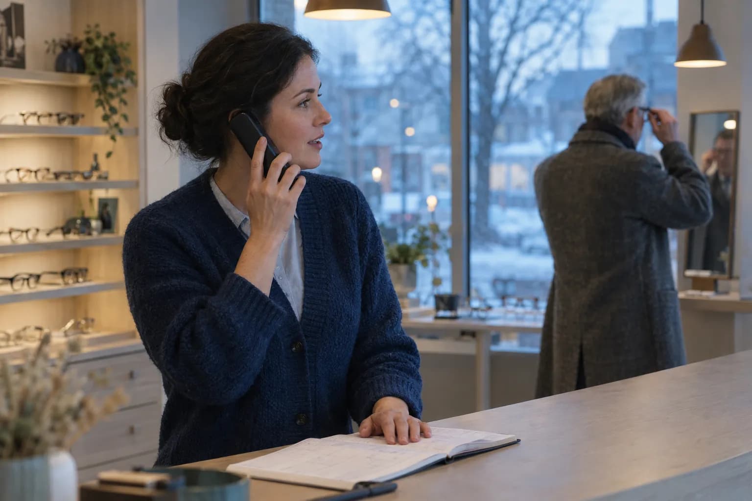 A woman in a dark blue knitted cardigan stands behind the counter of an optician's shop at dusk with a black cordless phone to her ear and her hand on an open appointment book, while an older man in a grey wool coat tries on glasses at a mirror by the window