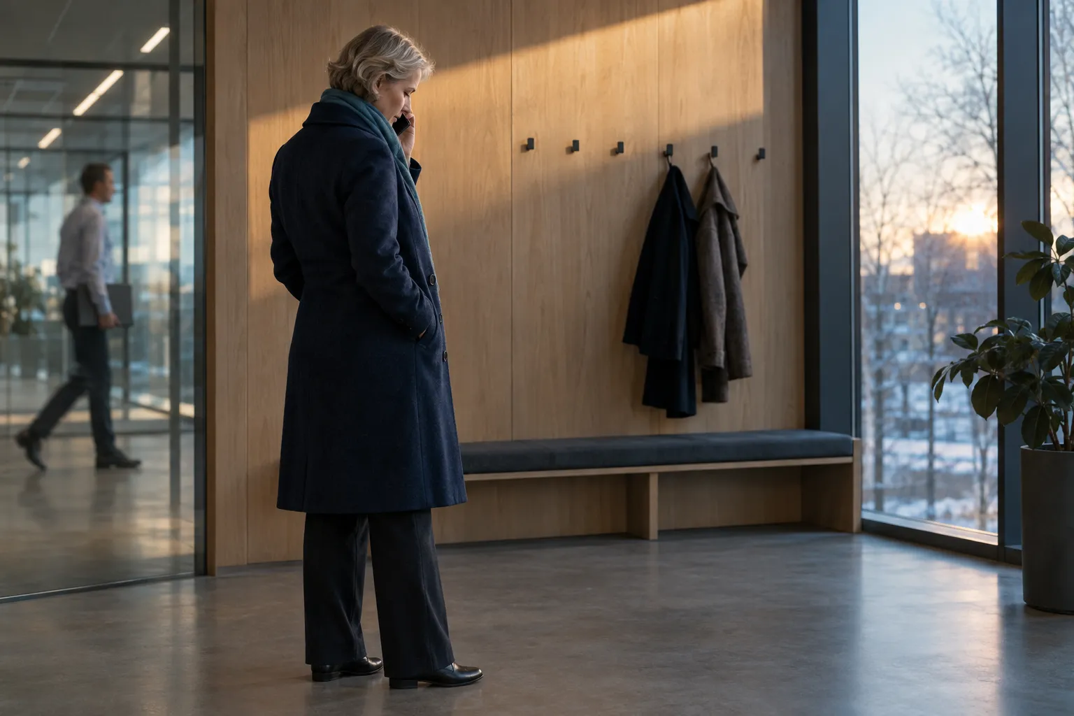 A grey-haired woman in a dark blue wool coat and a teal scarf stands in the cloakroom area by the entrance of an office in low winter sun, phone to her ear and eyes lowered, while a man carrying a laptop walks past out of focus behind a glass wall