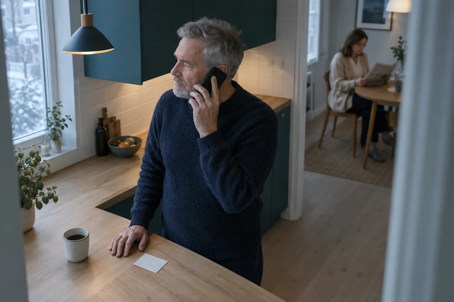 A grey-haired, bearded man in a dark navy knit sweater stands at a kitchen counter in winter morning light with his phone to his ear, looking towards the window, his other hand on the counter beside a small white appointment card and a coffee cup, while a woman in a beige cardigan reads a newspaper at a dining table in the room behind