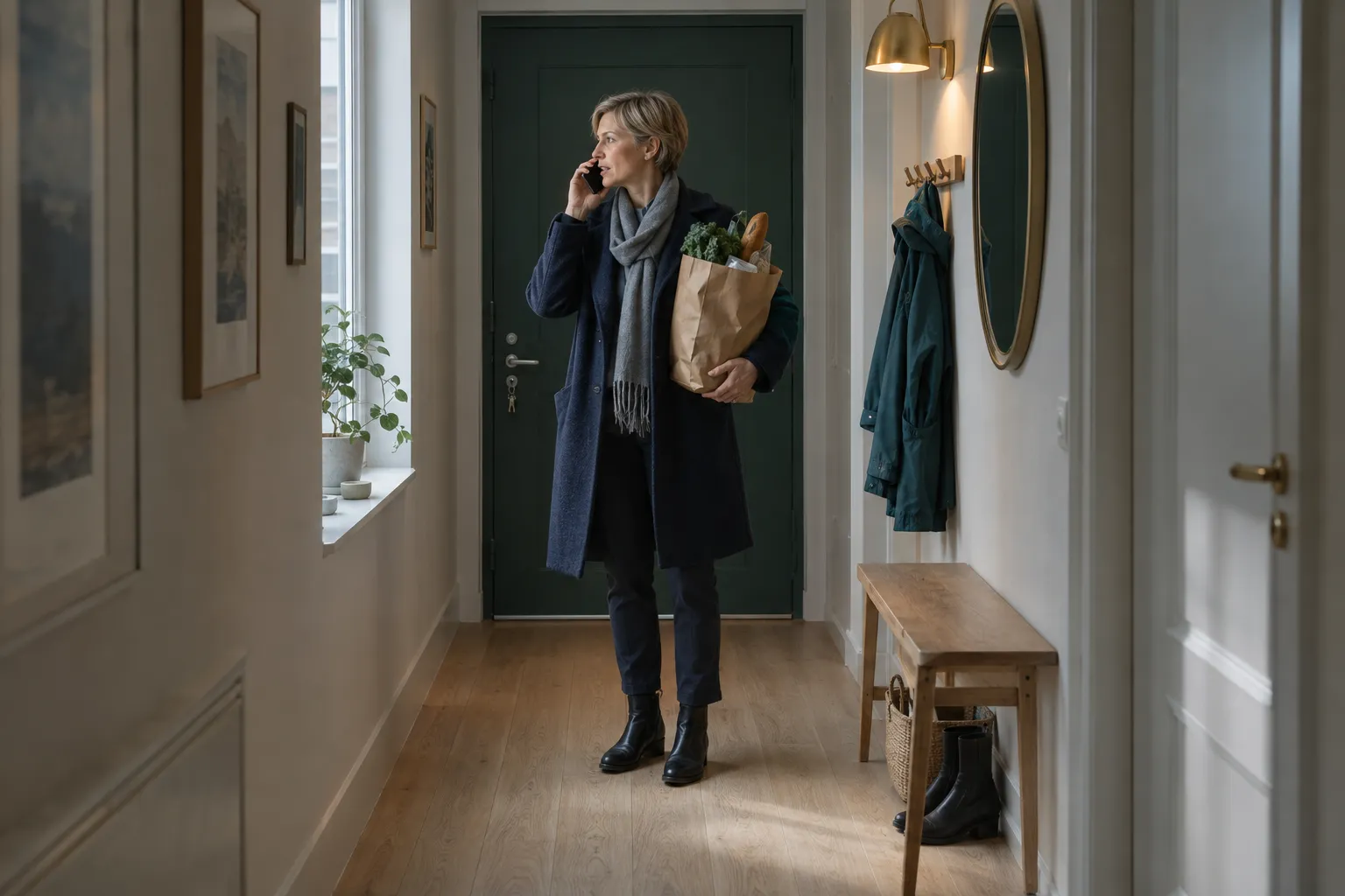 Kvinne med kort askeblondt hår i mørkeblå ullfrakk og grått skjerf står i en lang, lys entré en grå vintermorgen med mobilen mot øret og en papirpose med dagligvarer på armen, foran en lukket mørkegrønn ytterdør, med en eikebenk, et par støvler og en blågrønn regnjakke på knaggene til høyre