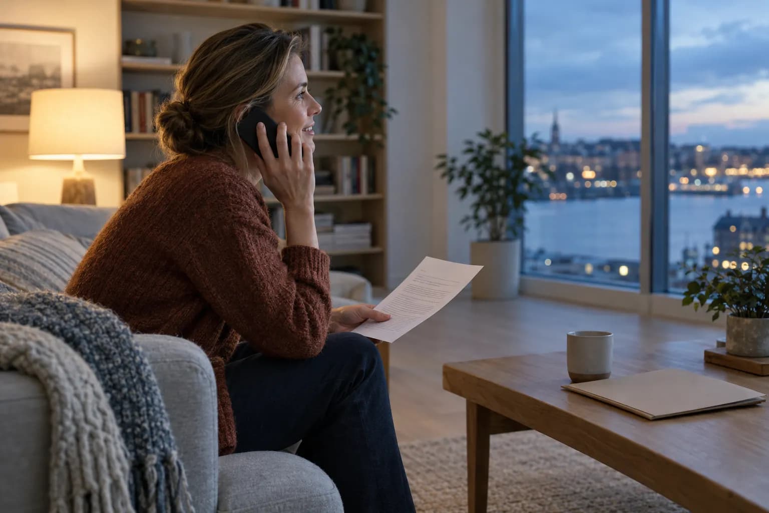 Kvinde i rustbrun strikket cardigan sidder yderst på en lysegrå sofa i en stue i tusmørket med mobilen ved øret og et udskrevet ark i den anden hånd, mens en bordlampe lyser varmt bag hende, og byens lys anes gennem et stort vindue