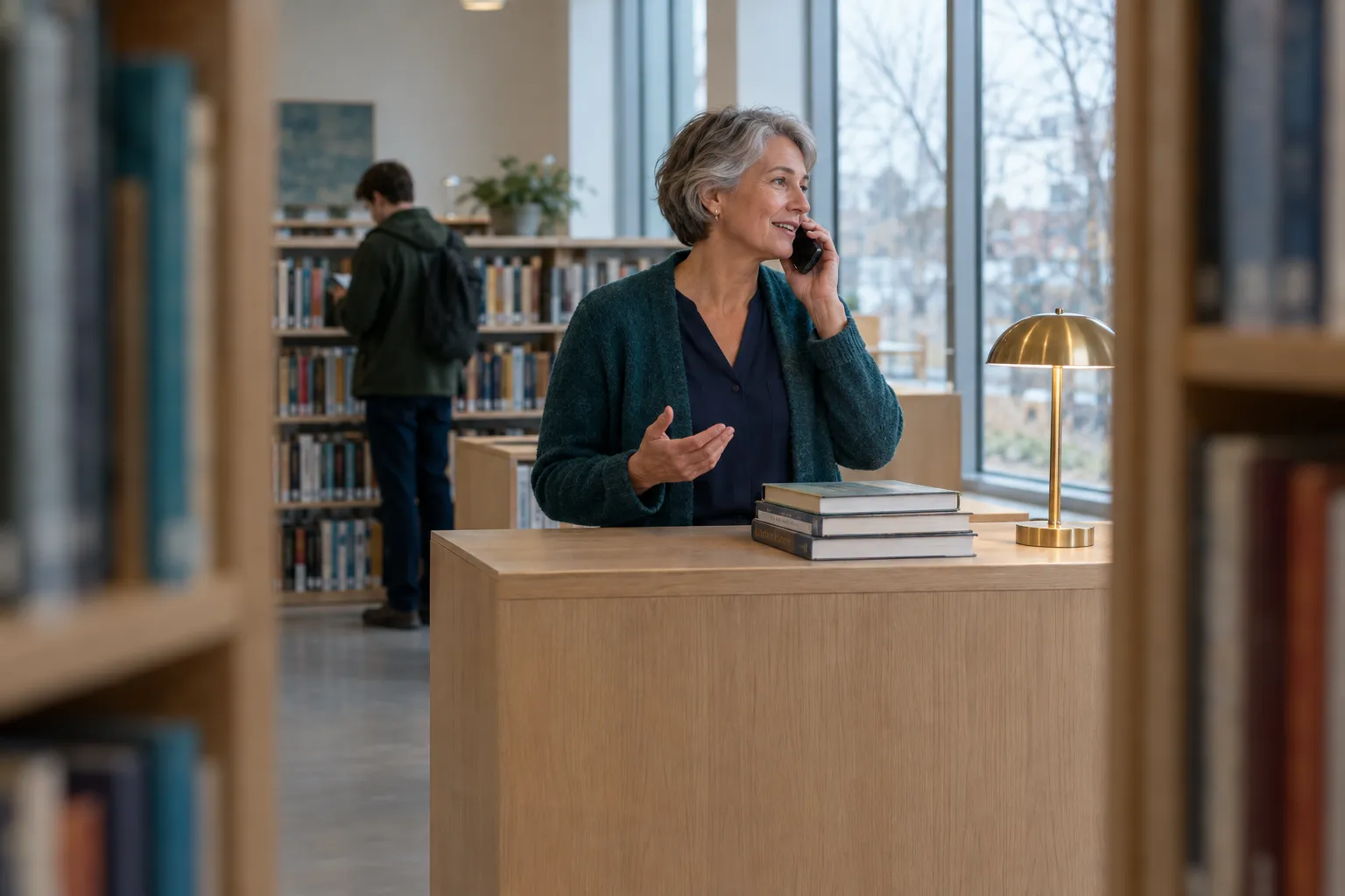 Gråhårig kvinna i blågrön kofta står bakom en ljus ekdisk på ett bibliotek och pratar i telefon medan hon gestikulerar med andra handen, sedd mellan två bokhyllor, med en ung man som läser vid hyllorna i bakgrunden