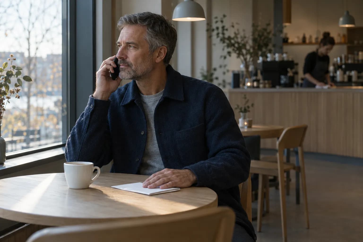 Gråhårig man med skägg i mörkblå ullskjorta sitter vid ett runt ekbord vid fönstret på ett ljust kafé med mobilen mot örat och tittar ut genom fönstret, med andra handen på ett vikt brev bredvid en vit kaffekopp, medan en barista torkar av disken suddigt i bakgrunden