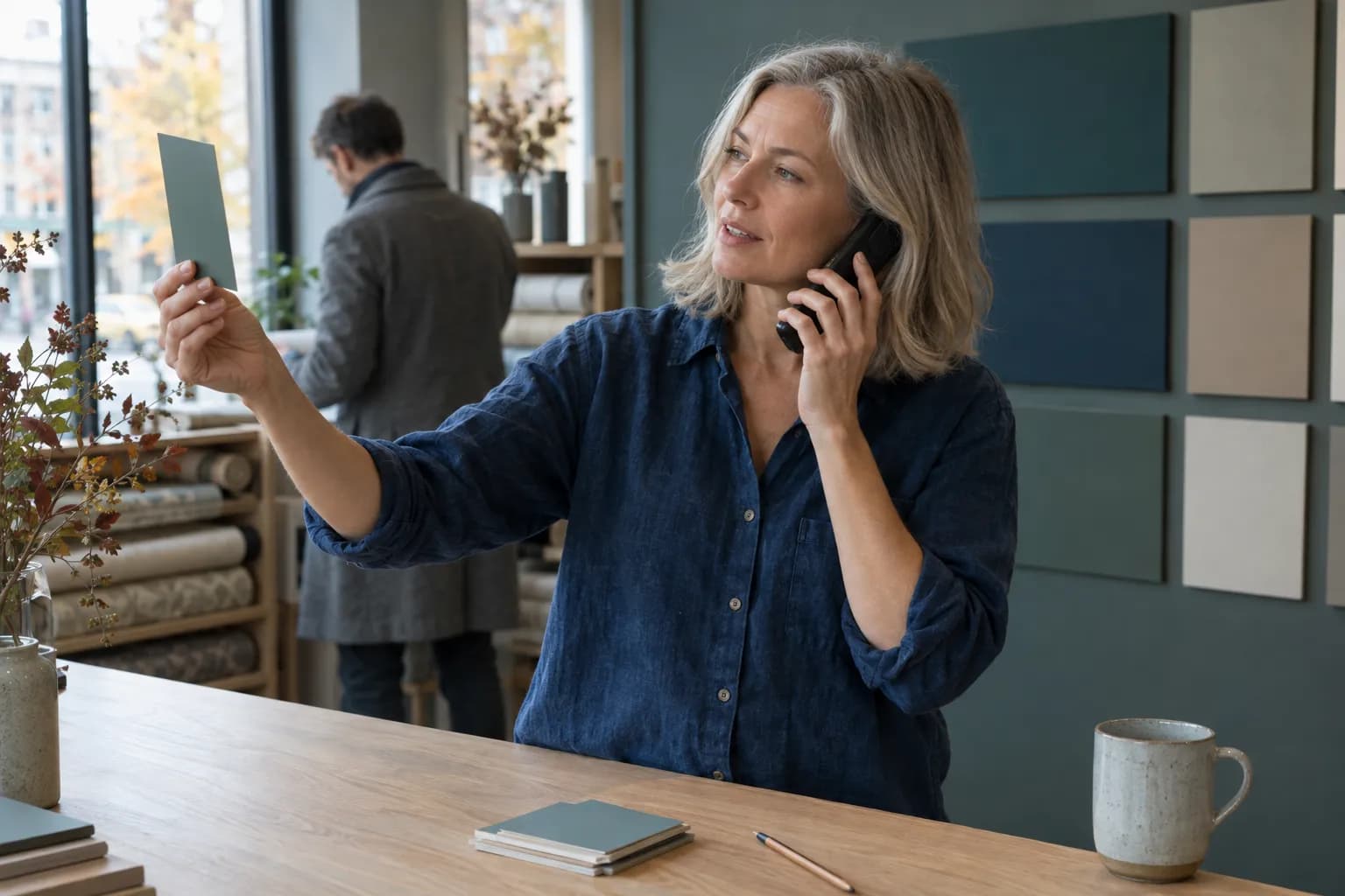 Kvinne i mørkeblå linskjorte står bak disken i en fargehandel med en svart trådløs telefon mot øret og holder et fargekort opp mot vinduslyset, mens en mann i grå ullfrakk ser på tapetruller uskarpt i bakgrunnen