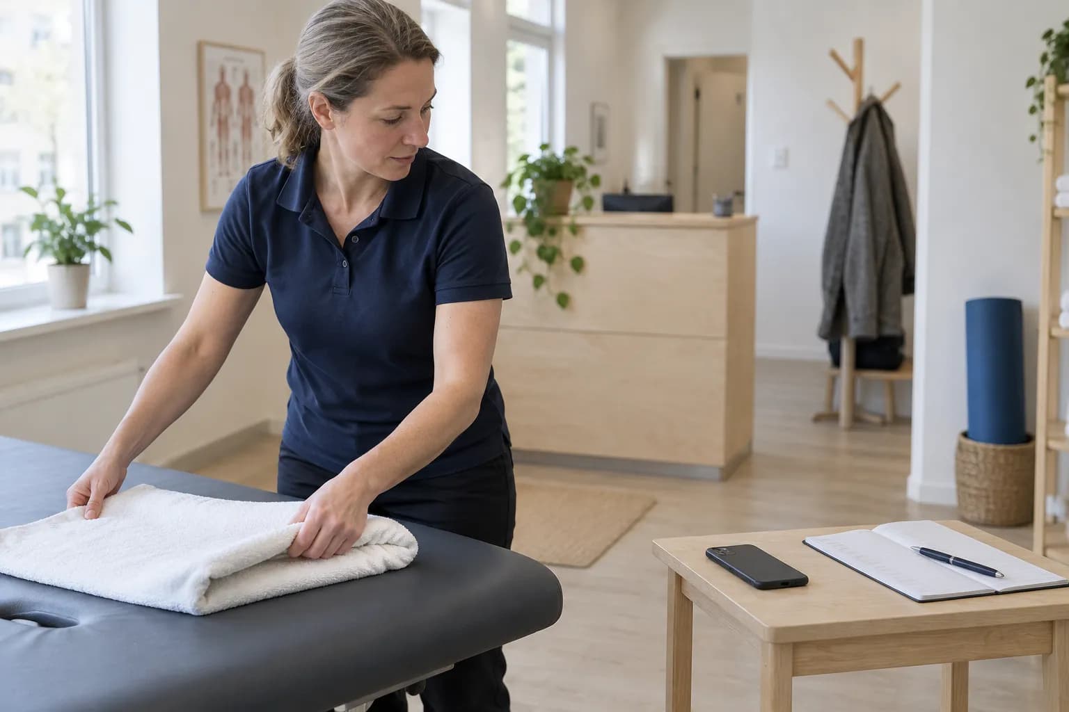 En fysioterapeut i mørkeblå poloskjorte bretter et hvitt håndkle på en behandlingsbenk i en lys klinikk, ved siden av et lite trebord med en mobiltelefon, en oppslått timebok og en penn, mens en resepsjonsdisk og et klesstativ med en grå frakk ses i bakgrunnen
