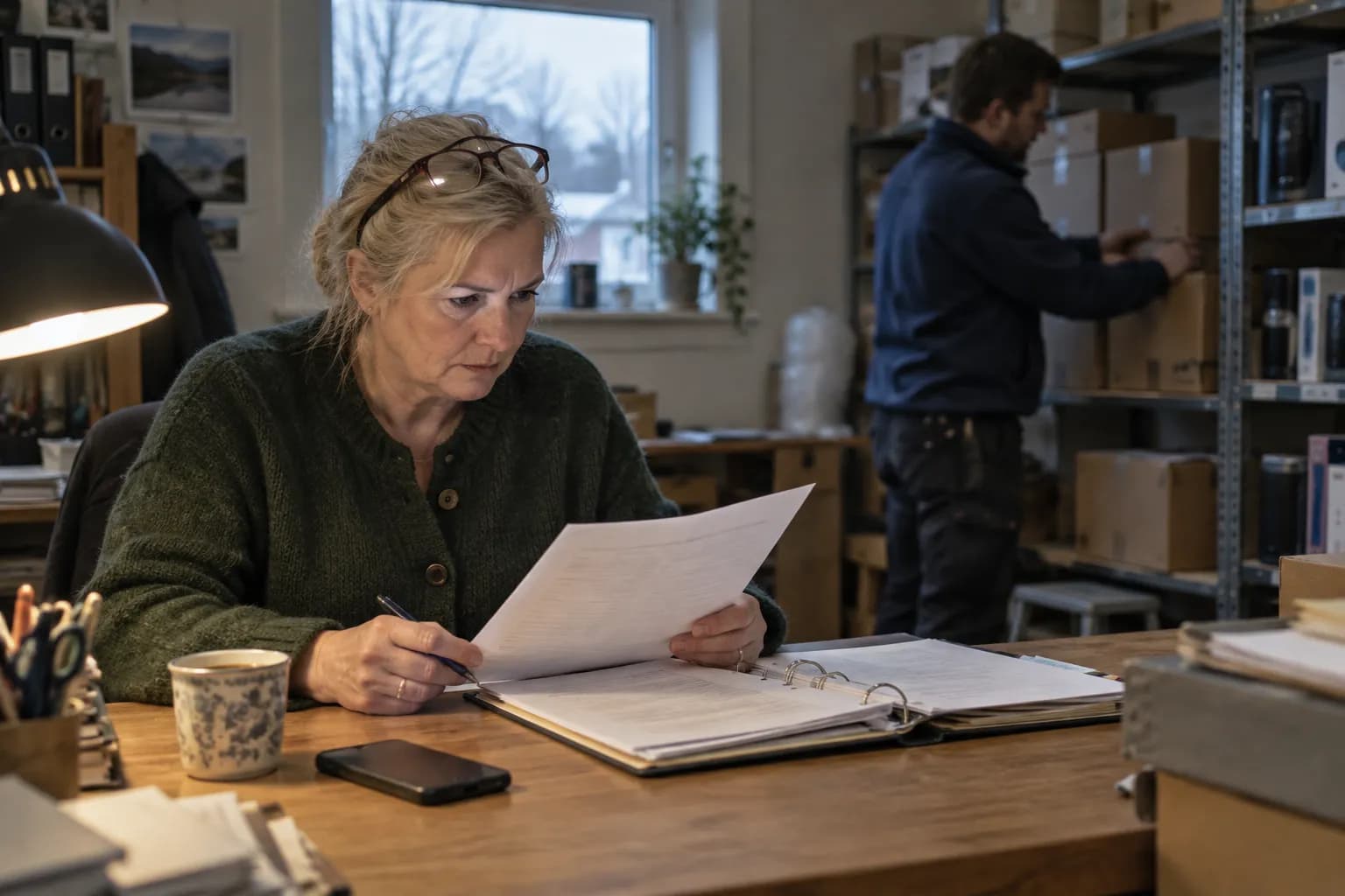 A woman with reading glasses pushed up into her hair and a dark green knitted cardigan reads a sheet of paper, pen in hand, at a desk with an open ring binder, a phone and a coffee cup under a desk lamp, while a man in a navy jacket stacks boxes on a metal shelf in the background
