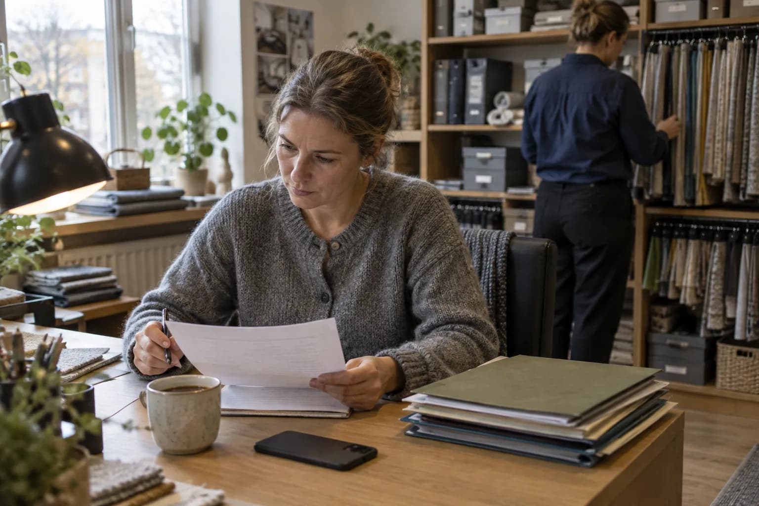 Kvinna i grå kofta sitter vid ett skrivbord under en skrivbordslampa och läser ett utskrivet papper med pennan i handen, med en mobil och en kaffekopp framför sig, medan en kollega i mörkblå skjorta bläddrar bland tygprover på hyllorna i bakgrunden