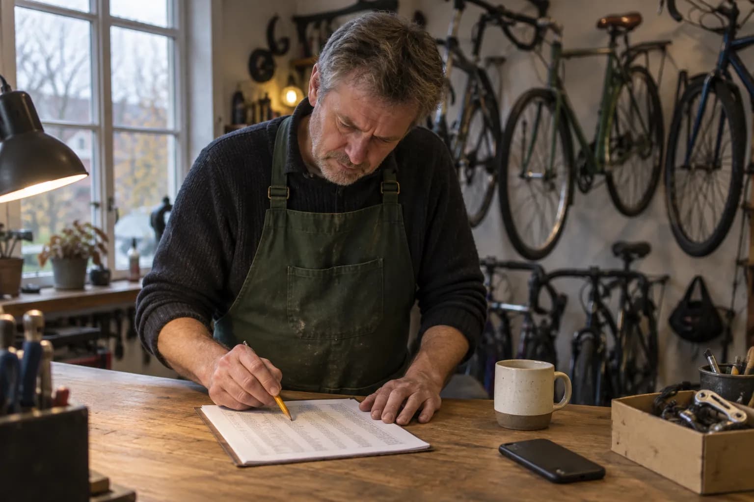 En gråsprængt mand i mørkegrønt forklæde over en mørk strikbluse står bøjet over en træskranke i et cykelværksted og følger en trykt kundeliste med en blyant, mens en mobiltelefon og et krus står ved siden af, en bordlampe lyser, og cykler hænger på væggen bag ham i gråt efterårslys